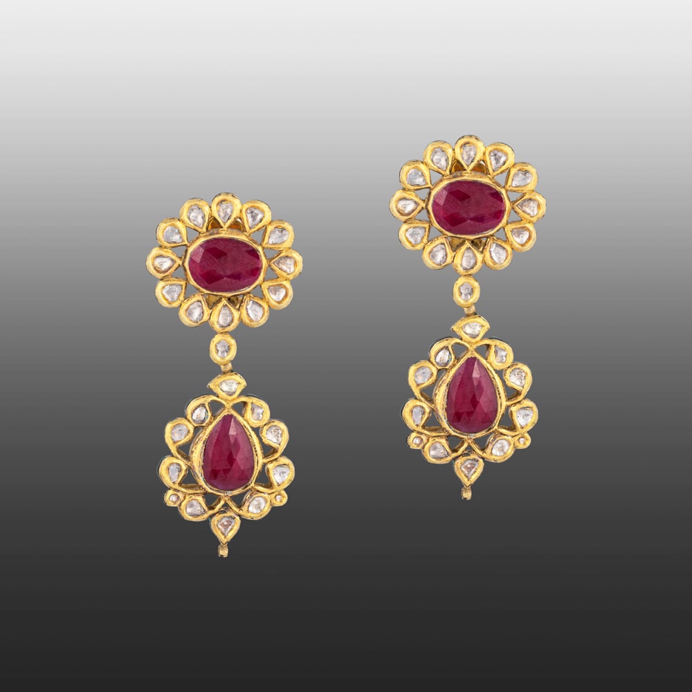 Floral Polki Earrings with Ruby Center & Teardrop Accents